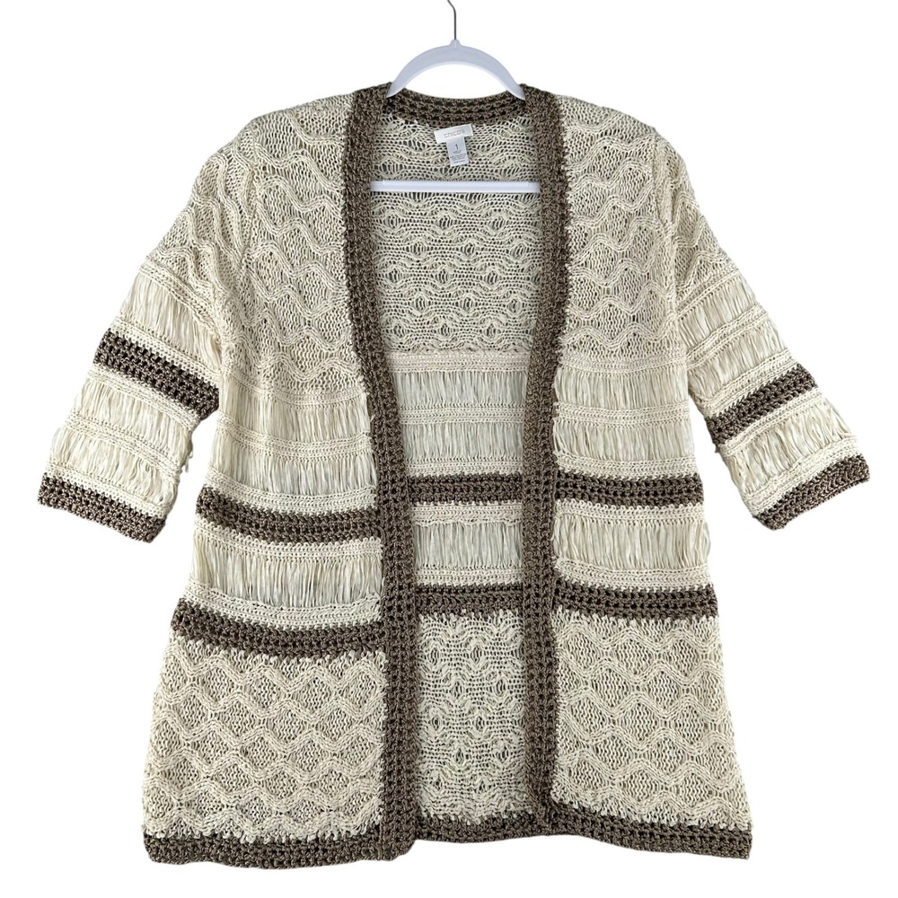 Chicos Crochet Cardigan Sweater Womens Size 1 Medium‎ Knit Half Sleeve Lagenlook